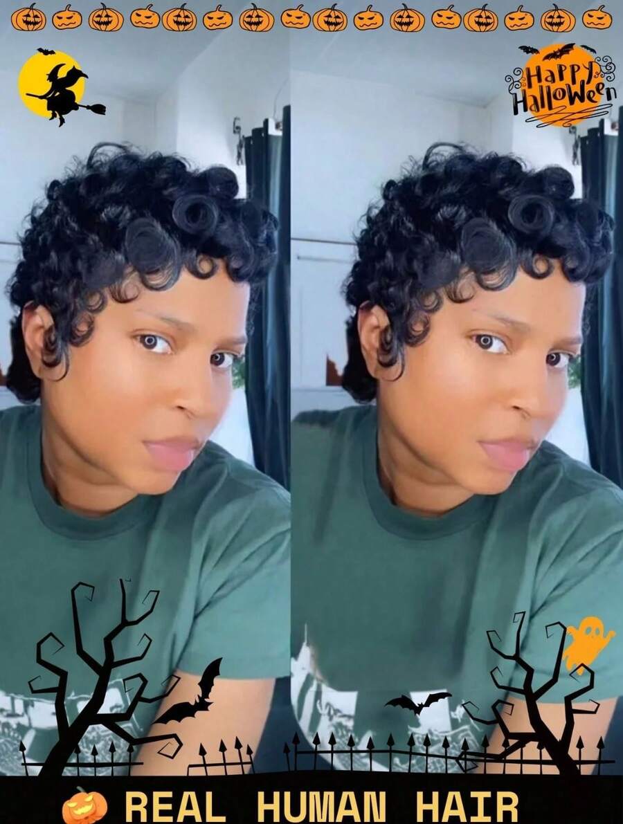 Short Pixie Wigs Short Black Curly Pixie Wigs Synthetic Hair Wigs  Natural Wavy Black Pixie Cut Wig Short Curly Layered Pixie Wig - màu đen - Xem 1
