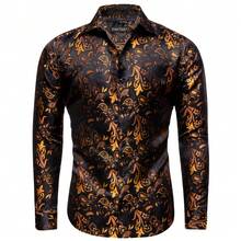Mens Shirt Black Golden Floral Paisley Long Sleeve Shirts Regular Fit Button Tops Formal Casual - 金色 - 查看 1