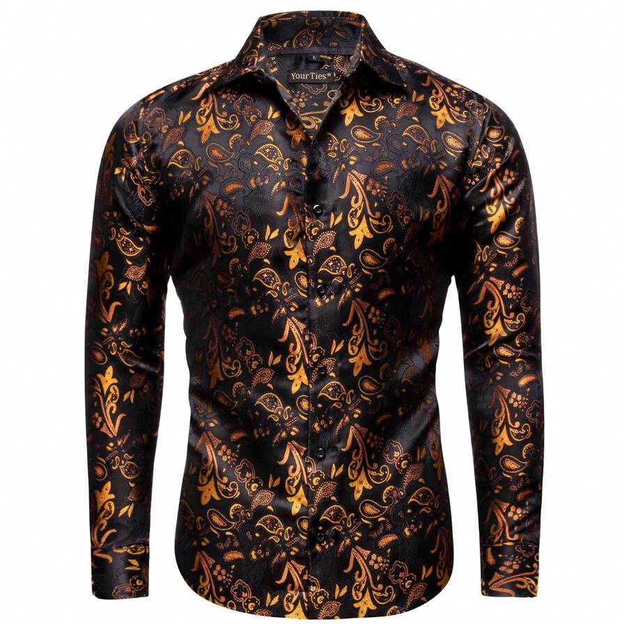 Mens Shirt Black Golden Floral Paisley Long Sleeve Shirts Regular Fit Button Tops Formal Casual - 金色 - 查看 1