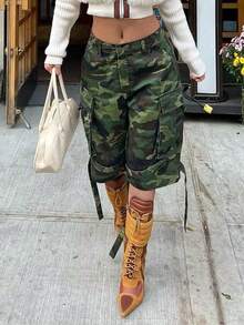 Camouflage Side Tie Cargo Mid-Shorts Women's Mid-Rise Streetwear Canvas Shorts - xanh quân đội - Xem 1