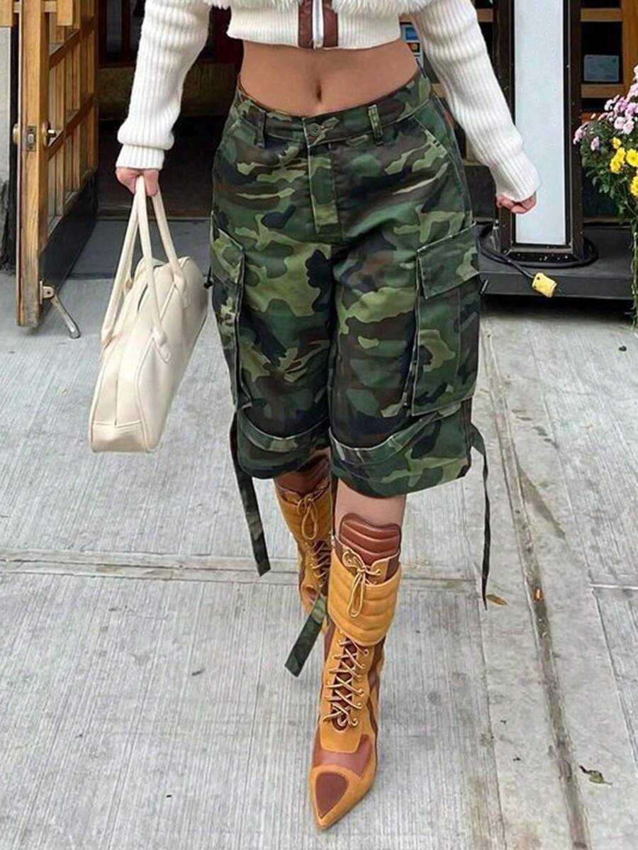 Camouflage Side Tie Cargo Mid-Shorts Women's Mid-Rise Streetwear Canvas Shorts - xanh quân đội - Xem 1