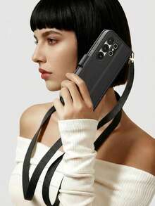 1pc Android Flip Phone Case Compatible With Samsung Galaxy S25 Ultra, Camellia Flower Pattern Wallet Phone Case Compatible With Samsung Galaxy A56, Fashion Phone Case (With Detachable Strap) Compatible With Samsung Galaxy A17/A16/A15, Card Holder Phone Case (With Adjustable Strap) For 15C/ Note 15 Pro, Minimalist Phone Case For Honor 400 - Black - View 4