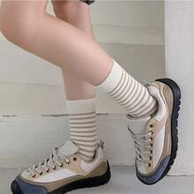 5 Pairs Brown Striped Mid-Calf Socks For Women, Autumn/Winter
