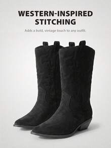 Women's Embroidered Cowgirl Boots For Outdoor Music Festival Black White Brown Mid-Calf Pull-On Block Heel - 深灰色 - 查看 6