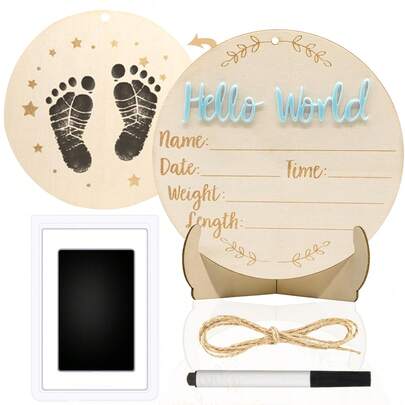 Baby Announcement Sign Plate, 5.9in Wooden Newborn Disc Board With Ink Pad For Hand & Footprints Hello Birth Plaque Gift For World New Parents Nursery Photo Prop Baby Disc Circle