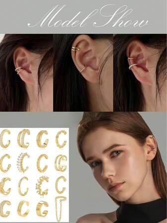 16 piezas Versátil 18K Chapado en oro y tono plateado AAA+ CZ y diseño de textura múltiple (trenzado/cadena) Pendientes de clip ajustables para mujeres - Ideal para uso diario, fiestas y regalos festivos