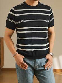 男士条纹圆领短袖休闲针织上衣 - 黑色 - 查看 1