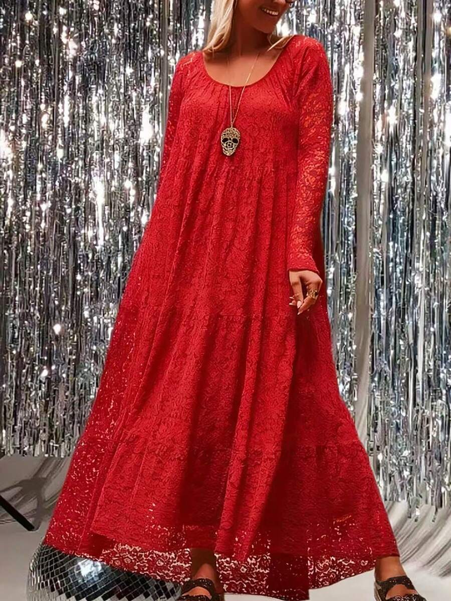 Elegantes Spitzenkleid in Große Größen - Geeignet für formelle und legere Anlässe, maschinenwaschbarer Polyesterstoff ohne Stretch, fließendes Party-, Hochzeits- und Alltagskleid, zarte Spitze, modisches Kleid, Fashionista Rot - Rot - Übersicht 1
