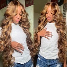 VIOLLY Ombre Highlight 180% Density Honey Gold 34Inch 13x6 Body Wave Lace Front Wigs Human Hair Blended Wig Pre Plucked Bady Hair Wig 13x4 Large Area HD Transparent Lace Frontal Brazilian Virgin Hair Wig For Women Halloween Season