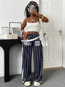 女士宽松条纹阔腿裤，休闲直筒裤，时尚街头风，适合春夏穿着 - 黑與白 - 查看 5