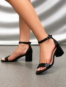 Damen Sandaletten mit Riemen, offene Zehenpartie und Plateauabsatz in Unifarbe, bequeme, minimalistisch-elegante Highheels für Frühling/Sommer und den Büroalltag - Schwarz - Übersicht 3