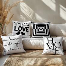 4pcs Minimalist Black & White Geometric Love Home Pillow Covers, Single-Sided Soft Peach Velvet Fabric, 45*45CM Cushion Covers For Room Decor, Indoor Sofa Living Room Decoration, Party Decor, Decorative Pillow Gift - Multicolor - View 6