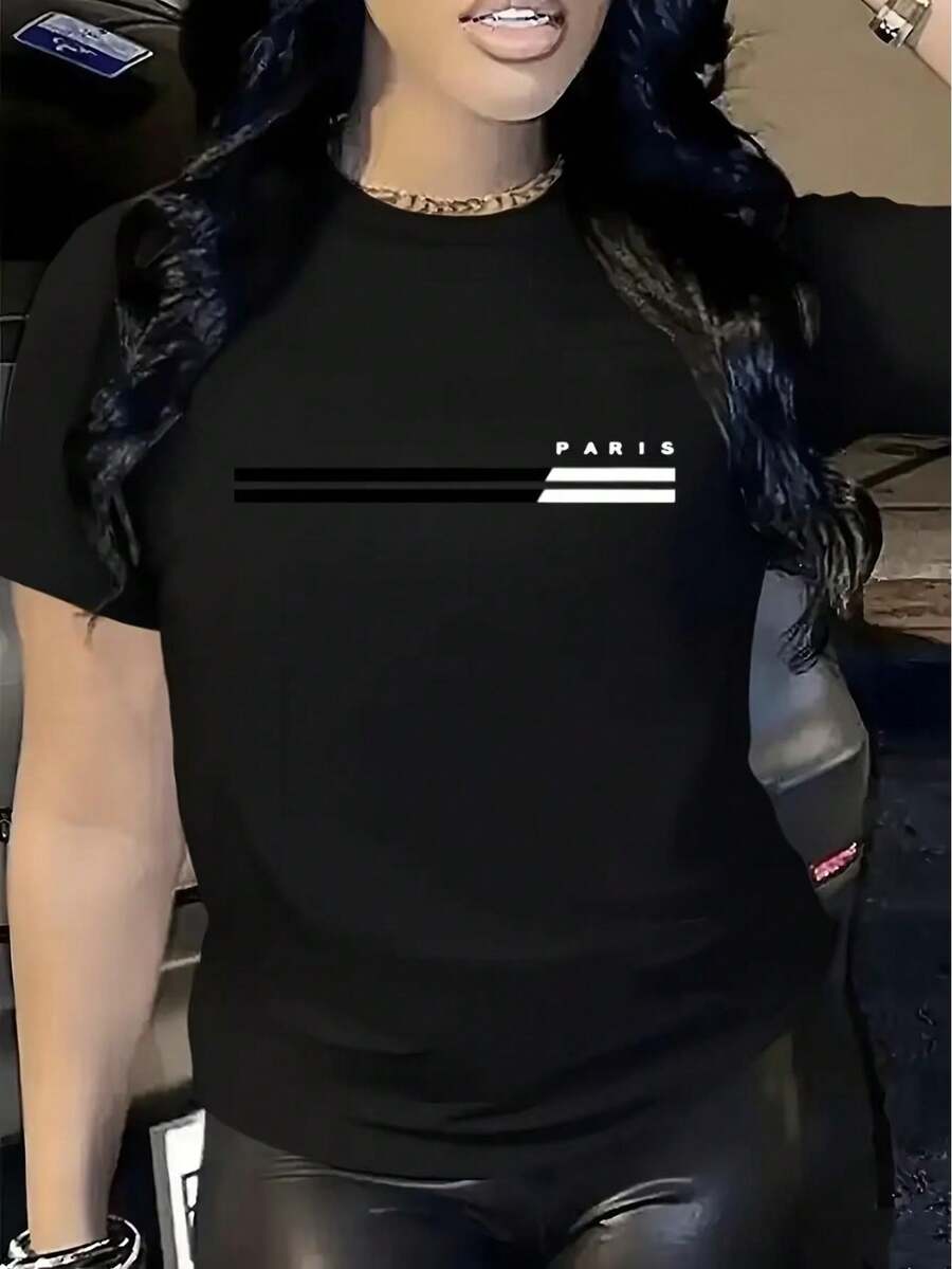 Camiseta Minimalista para Mujeres - Camiseta Suave y Transpirable para el Día a Día - Top de Cuello Redondo Blanco para Atuendos Casuales, Fiestas y Viajes - Prenda Esencial para Mujeres, Moda de Verano, Estampado Geométrico, Camiseta Ligera, Camiseta de Manga Corta, Amantes de la Moda - ["Negro"] - Ver 1