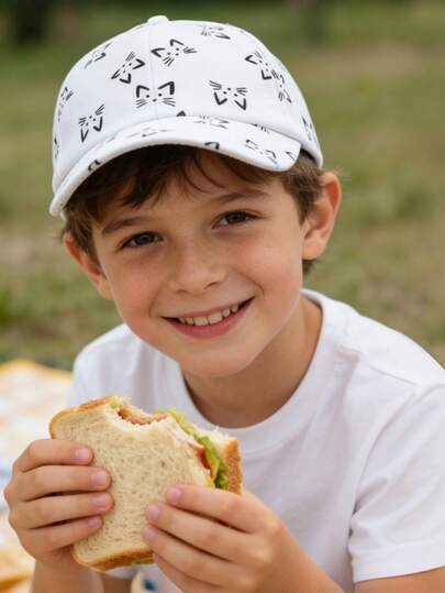 1顶儿童白色卡通猫咪图案棒球帽，时尚可爱简约轻便防晒帽，适合春夏男女童日常佩戴、上学、玩耍、户外活动，也是生日和节日的实用礼物。