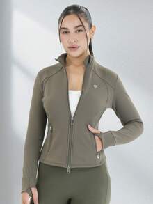 Women's Stand Up Collar Zipper Long Sleeved Thumb Hole Minimalist Fashion Sports Jacket Casual Sports Slim Zipper Pocket Jacket, Spring And Autumn Women's Clothing - 軍綠色 - 查看 5
