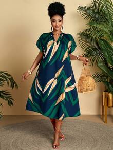 BIUBIU Plus Size Women's Casual Geometric Print V-Neck Ruffle Sleeve Loose Mid-Length Dress, Suitable For Daily, Vacation (Pattern Random) Elegant Summer - Greenish Yellow - View 6