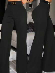 黑色高腰搭扣设计修身直筒休闲裤 - 黑色 - 查看 1