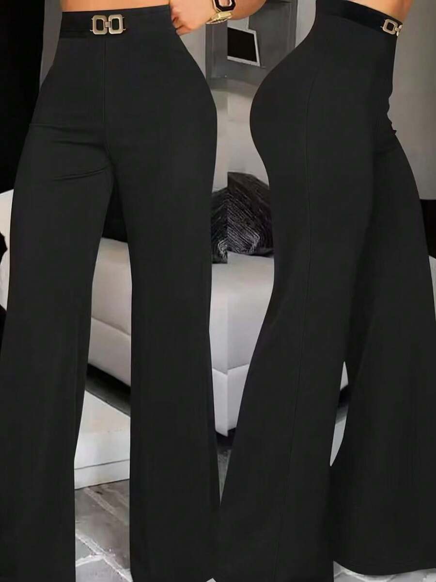 黑色高腰搭扣设计修身直筒休闲裤 - 黑色 - 查看 1