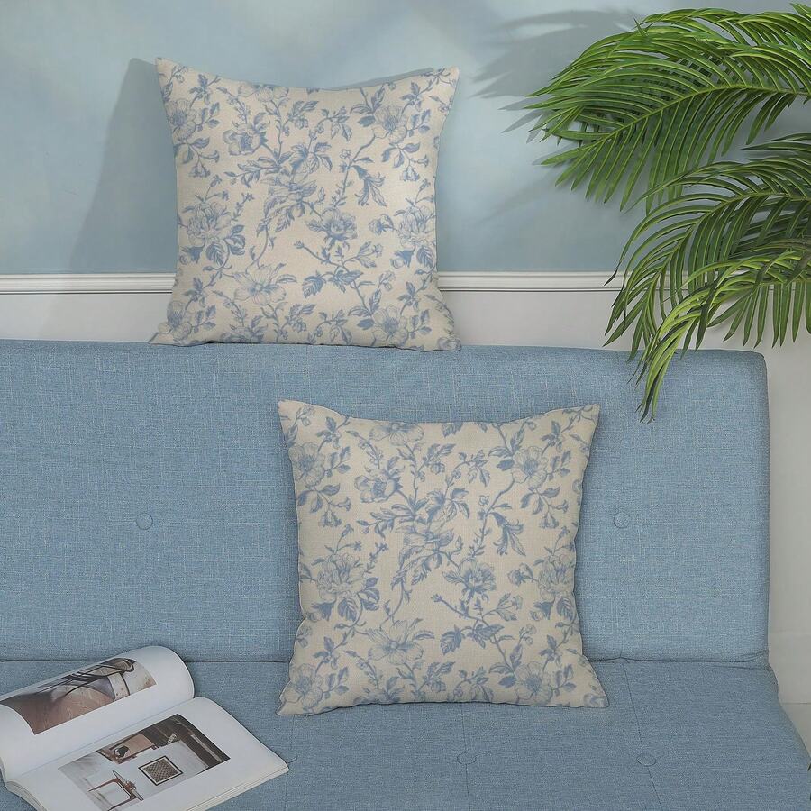 1pcs Faux Linen Pink Vintage Floral Pillow Covers 18x18 Inch Preppy Pink Cream Rustic Toile Chinoiserie Flower Decor Throw Pillows Outdoor Decoration Pillowcase Linen Cushion Cover For Couch Sofa Bed Single-Sided Print Without Zipper - 淺藍色 - 查看 1
