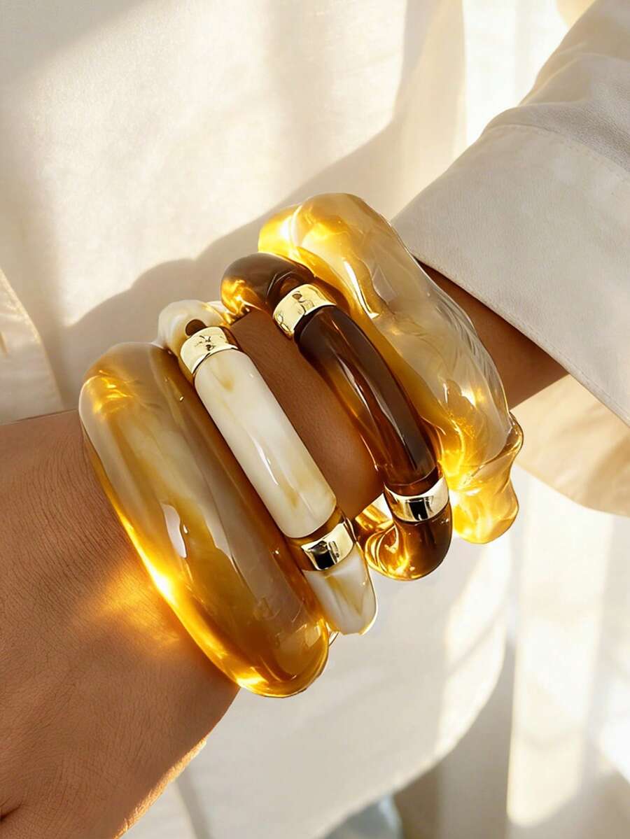 4 peças/2 peças/1 peça Conjunto de Pulseiras Vintage Elegantes de Moda Casual com Estilo de Moeda Antiga, Acrílico Geométrico Assimétrico Onda Curva Contas de Bambu Elásticas Empilhadas, Pulseira Minimalista Personalizada de Alto Nível com Tie Dye Exagerado CCB Espaçador, Ideal para Mulheres, Férias, Festa, Encontros, Combinação Diária, Presente de Feriado - Multicolorido - Visão 1