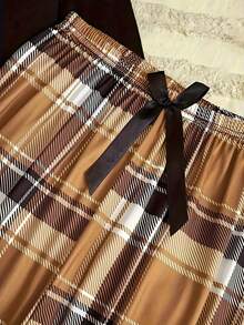 女士卡通印花睡衣套装（2件套），休闲家居格子裤套装 - 黑色 - 查看 3