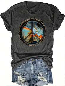 [Peace Shirt] Peace And Love Shirt, Women's Holiday Short-Sleeved Crewneck T-Shirt |   Hippie Soul Shirt, Hippie Life Clothing, Novelty Shirt - 深灰色 - 查看 1