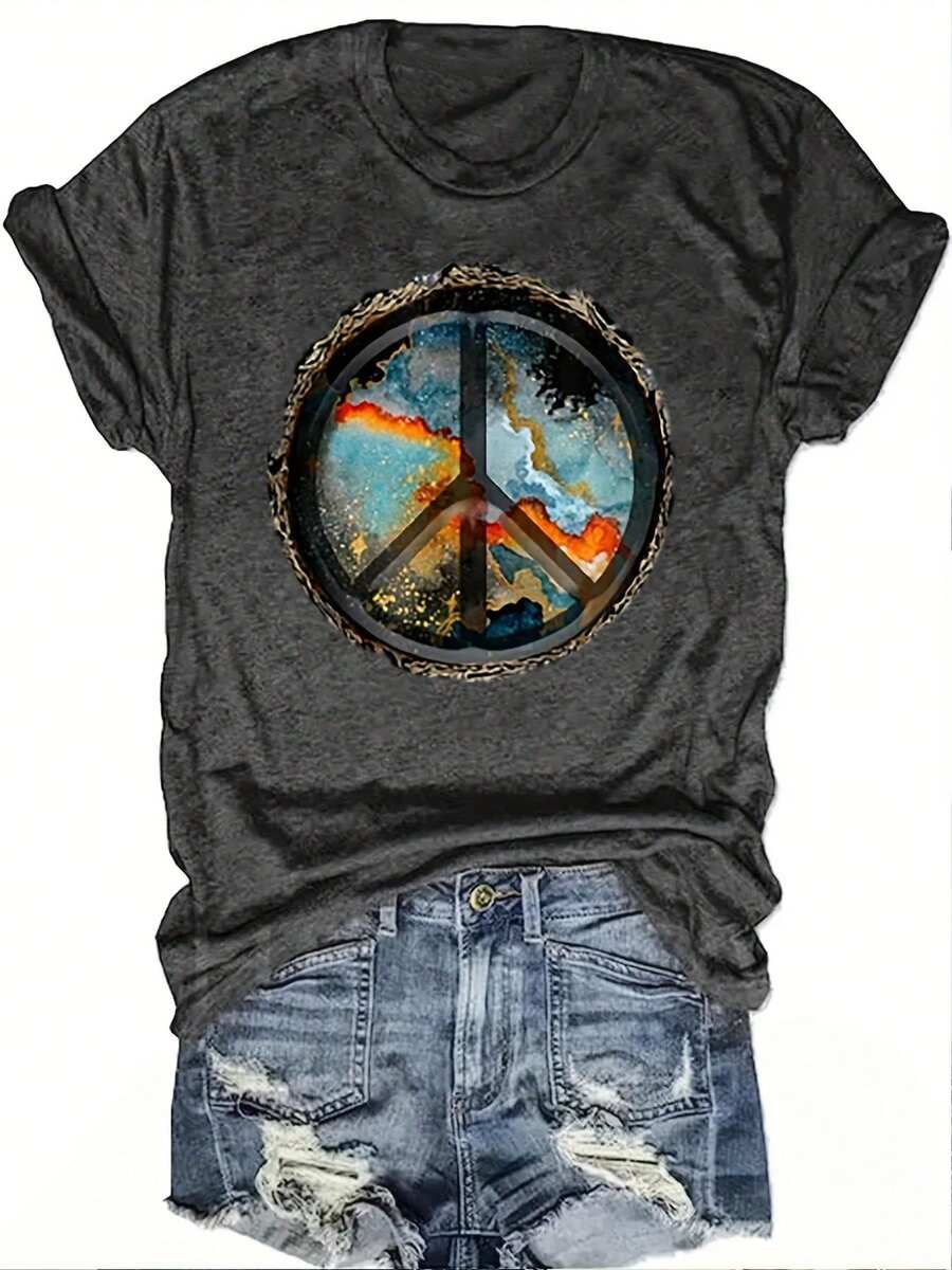 [Peace Shirt] Peace And Love Shirt, Women's Holiday Short-Sleeved Crewneck T-Shirt |   Hippie Soul Shirt, Hippie Life Clothing, Novelty Shirt - 深灰色 - 查看 1