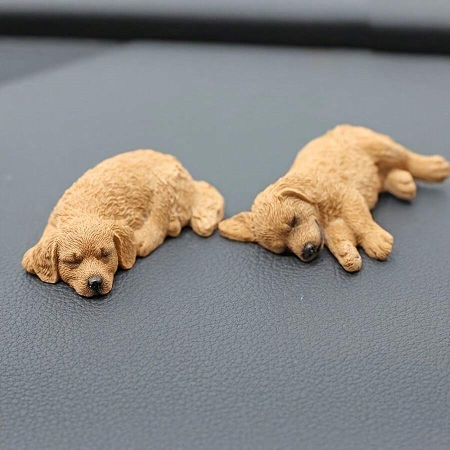 2个树脂金毛犬摆件，迷你可爱逼真睡姿，适合汽车或桌面装饰，缓解压力，可作为礼物或自用，无需用电 - 彩色 - 查看 1
