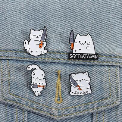 Cute And Playful White Cat Enamel Badge - Holding A Knife With The Bold Message "SAY THAT AGAIN", Zinc Alloy Cartoon Animal Badge Suitable For Bags, Clothing, Avant-Garde Humorous Accessories, The Best Gift For Family And Friends