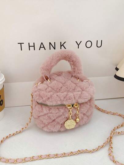 1pc Mini Cute Coin Purse, Fluffy Bucket Bag For Autumn/Winter, Chain Shoulder Crossbody Bag, Suitable For Parent-Child Interaction, Multiple Colors Available, Ideal For Travel, Shopping And Various Occasions, Great Gift For Halloween, Thanksgiving, Christmas