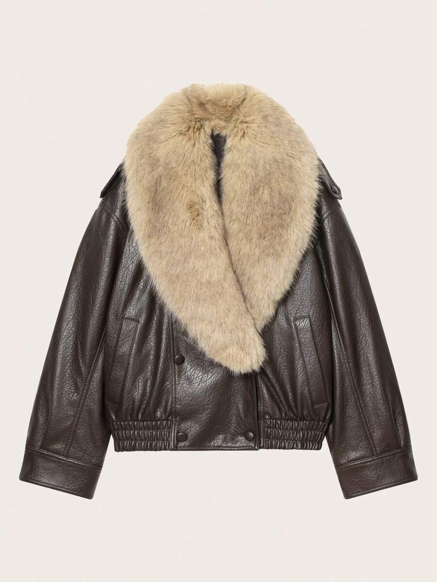 纯色可拆卸长袖仿毛领皮夹克，秋冬季 - 棕色 - 查看 1