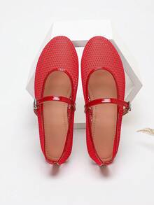 Women's Soft Bottom Breathable Mesh Mary Jane Ballet Flats, Red, Lightweight & Comfortable Round Toe Hollow Slip-On Casual Shoes - Red - View 5