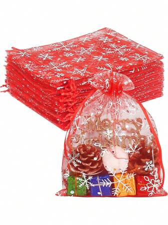 20 st. presentpåsar i organza med hjärtan och snöflingor, små nätpåsar för smycken/godis, för DIY-förpackningar till jul, högtider, bröllop och festtillbehör (8,5 x 11,3 cm) (vit, röd, inga presenter ingår)