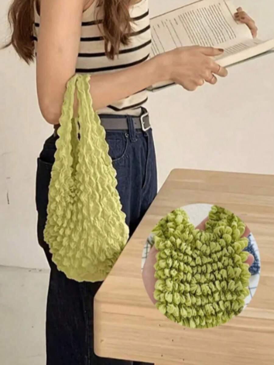1 pieza Bolso de mano expandible y lindo con ribete de volantes y correa de muñeca, hecho de tela de poliéster duradera, bolso portátil, opciones de varios colores, adecuado para compras, uso diario, regalo, bolso de moda y práctico con textura de loto, diseño interior de gran capacidad, mecanismo retráctil confiable, fácil de guardar, bolsa de compras pequeña, réplica, retornable - Multicolor - Ver 1