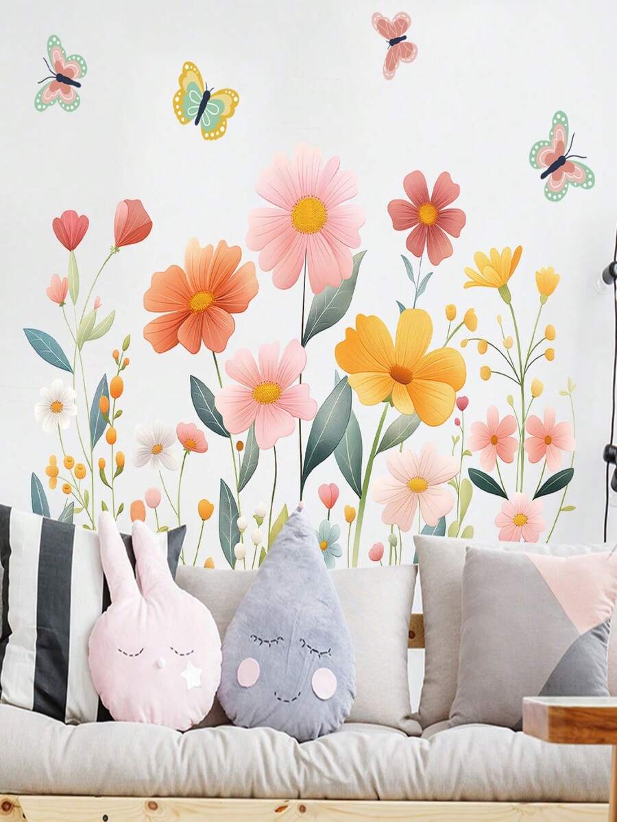 1pc Pastoral Style Daisy Floral Static Cling Window/Wall Sticker, Watercolor Daisy & Butterfly Decor, Adhesive-Free DIY Sticker, Suitable For Girls Room Decoration