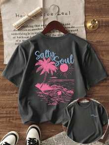 Plus Size-SALTY SOUL Women's Spring/Summer New Coconut Tree & Sunshine Print Casual Round Neck Short Sleeve T-Shirt, Fashion Versatile, Essential Daily & Vacation Wear. Vacation Printed T-Shirt For Women-1XL-5XL - Màu xám đen - Xem 3