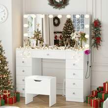 VOWNER 46" Large Vanity Table With Lighted Mirror & Power Outlet, Makeup Vanity Desk With Glass Top, 14-Bulbs Large Mirror, 3-Color Modes & Brightness Adjustable, 11 Drawers For Storage, Come With Soft Stool & Hair Dryer Rack, Vanity Set Gifts For Girls Women, Halloween & Thanksgiving - Gương toàn màu trắng - Xem 1