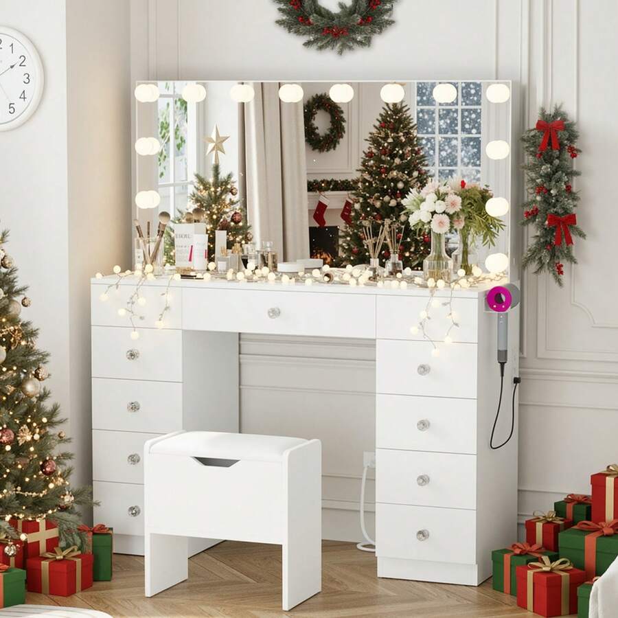 VOWNER 46" Large Vanity Table With Lighted Mirror & Power Outlet, Makeup Vanity Desk With Glass Top, 14-Bulbs Large Mirror, 3-Color Modes & Brightness Adjustable, 11 Drawers For Storage, Come With Soft Stool & Hair Dryer Rack, Vanity Set Gifts For Girls Women, Halloween & Thanksgiving - Gương toàn màu trắng - Xem 1