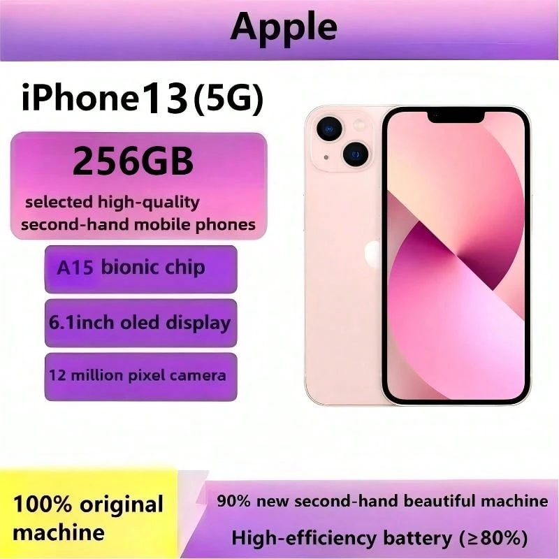 Apple 二手苹果 iPhone 13，256GB，黑/白/蓝/粉四色可选，高品质二手智能手机，苹果 iPhone，游戏手机，备用机，双卡双待，5G，90% 新，原装屏幕，电池剩余电量≥80%，中国版双卡双待 - 粉色 - 查看 1