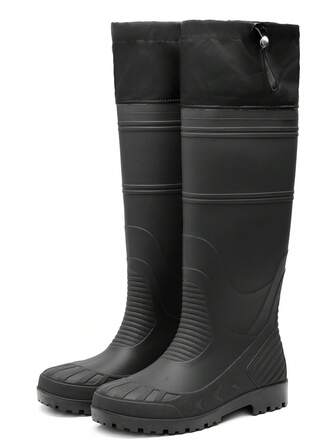 Black Tall Men's Rain Boots, Collapsible Cuff Long Shaft Durable Outdoor Fishing Water Boots, Farmland Work Rain Boots, PVC Waterproof Shoes