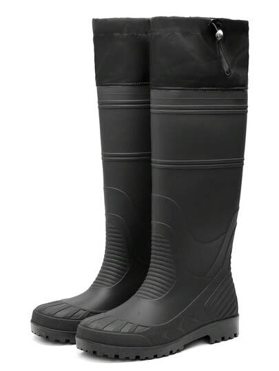 Black Tall Men's Rain Boots, Collapsible Cuff Long Shaft Durable Outdoor Fishing Water Boots, Farmland Work Rain Boots, PVC Waterproof Shoes