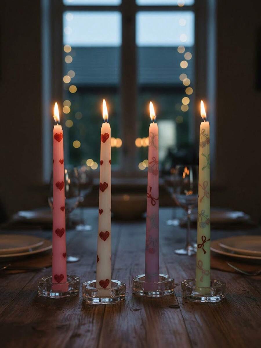 2pcs Colorful Long Stem Printed Candles, Smokeless Romantic Heartshaped Candles, Suitable For Valentine's Day, Daily Life, Dates, Qixi Festival, Meetings, Work, Gatherings, Ramadan, Parties, Birthdays, New Year And Other Occasions, Best Choice For Holiday Decorations - Multicolor - View 1