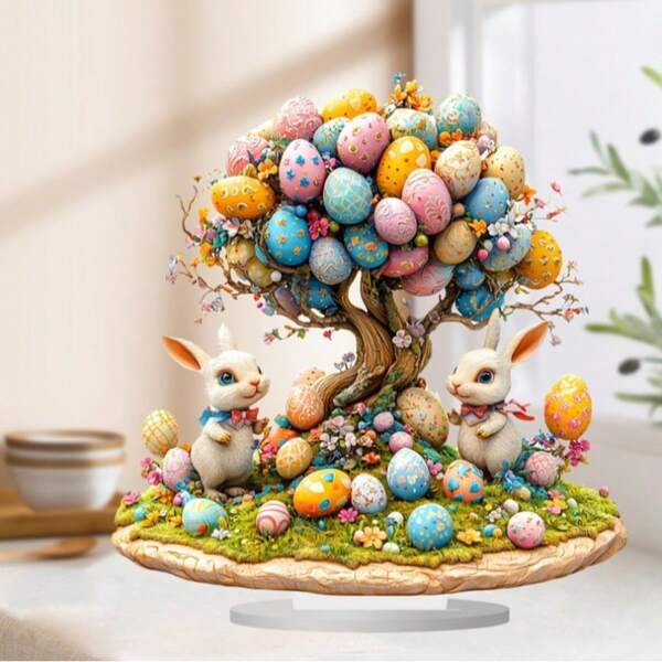 2D Flat 1pc, Bohemian Style Acrylic Easter Egg Tree With Rabbit Decor, Desktop Ornament, Romantic Theme, Multipurpose Art Home And Cafe Tabletop Decor, No Text