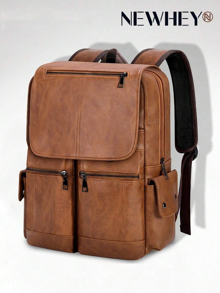 NEWHEY 15.6 Inch Laptop Backpack, Suitable For Men And Teenagers - Large Capacity PU Leather Backpack, Waterproof And Lightweight, Business Casual Flap Design, Ideal For Work, Study, Commuting And Travel