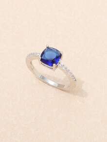 1pc Luxury Cubic Zirconia Square Sapphire Blue Ring, Women's Engagement/Wedding Ring, Exquisite Anniversary/Party Jewelry - Silver - View 1