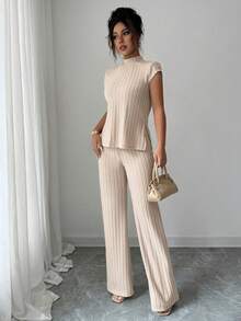 女士简约休闲两件套，罗纹面料女士日常居家休闲裤两件套 - 淺杏色 - 查看 6