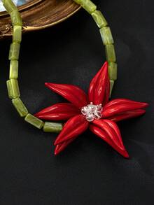 1 pieza Collar de flores de cuentas hecho a mano, collar gargantilla de nudo de bambú con camelias 3D de estilo dulce y elegante para fiestas, cadena de cuello de alta gama con vibra única - Collar de flores tejidas - Ver 8