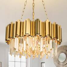 Golden Crystal Chandelier, Dining Room, Living Room, Modern Crystal Chandelier, 9-Light Circular Modern Chandelier, Entrance Hall, Bedroom, Staircase Ceiling Chandelier, W22 Inch (Excluding Light Bulb) - 金色 - 查看 1