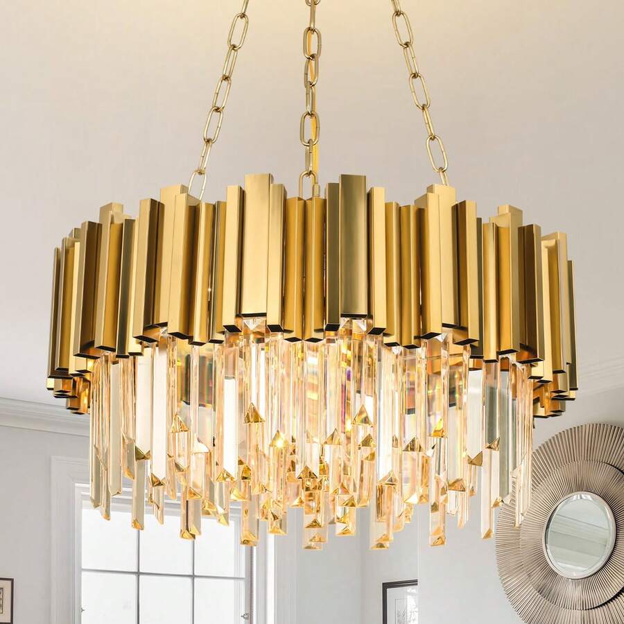 Golden Crystal Chandelier, Dining Room, Living Room, Modern Crystal Chandelier, 9-Light Circular Modern Chandelier, Entrance Hall, Bedroom, Staircase Ceiling Chandelier, W22 Inch (Excluding Light Bulb) - 金色 - 查看 1