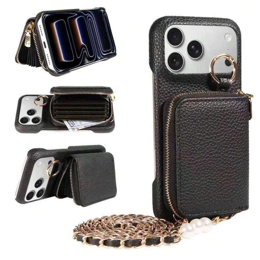 1 pezzo Custodia portafoglio a tracolla di alta qualità con grana di litchi, slot per schede, catena di perle, supporto, antiurto e resistente ai graffi, compatibile con iPhone 17 ProMax/17/17 Pro/Air/16 ProMax/15/14/13/12/11 e serie A16, versione internazionale, non la versione domestica